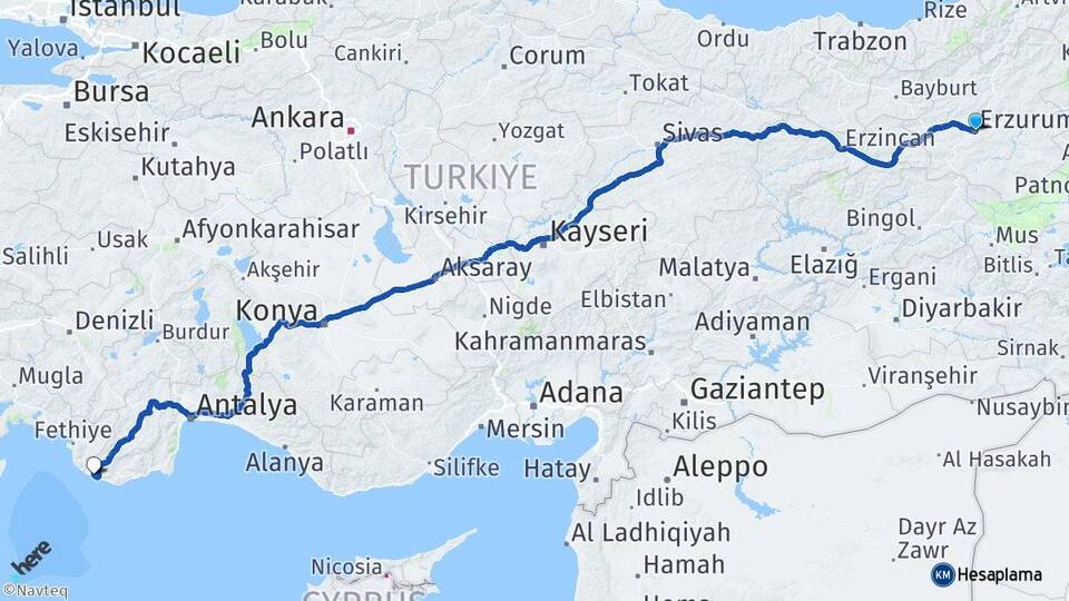 Erzurum Kalkan Kaş Antalya Arası Kaç Km - Yol Haritası