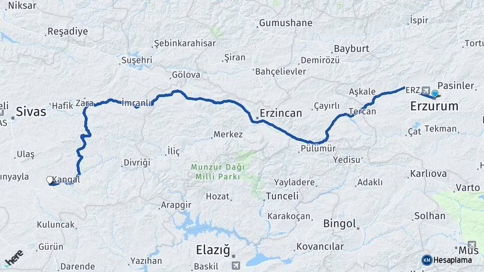 Erzurum Kangal Sivas Arası Kaç Km - Yol Haritası