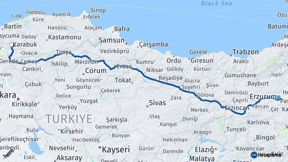 Erzurum Karabük Arası Kaç Km - Yol Haritası