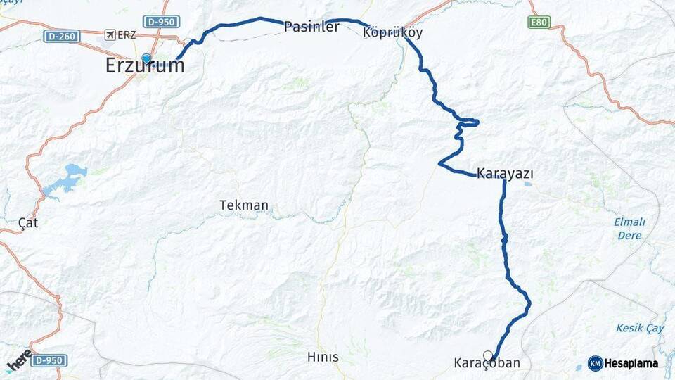 Erzurum Karaçoban Arası Kaç Km - Yol Haritası
