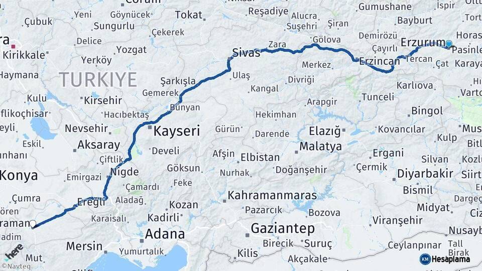 Erzurum Karaman Arası Kaç Km - Yol Haritası