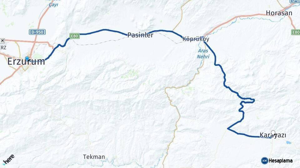 Erzurum Karayazı Arası Kaç Km - Yol Haritası