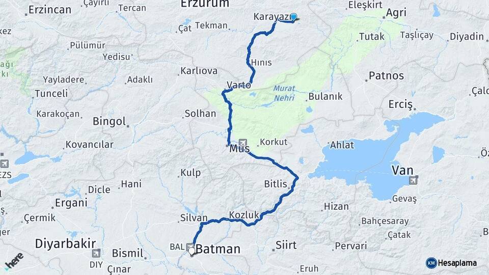 Erzurum Karayazı Batman Arası Kaç Km - Yol Haritası