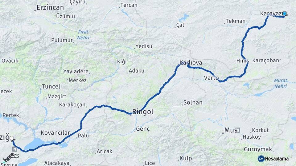 Erzurum Karayazı Elazığ Arası Kaç Km - Yol Haritası
