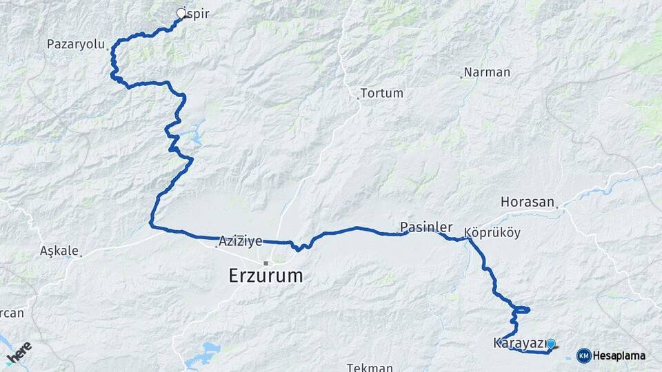 Erzurum Karayazı İspir Arası Kaç Km - Yol Haritası