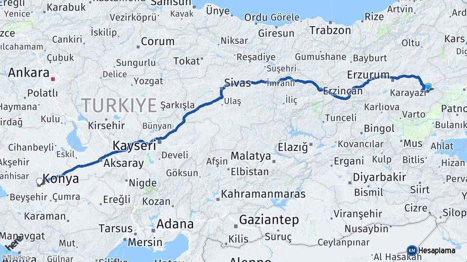 Erzurum Karayazı Konya Arası Kaç Km - Yol Haritası