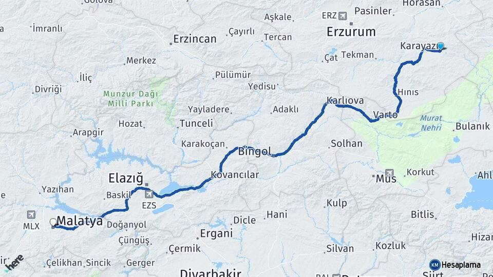 Erzurum Karayazı Malatya Arası Kaç Km - Yol Haritası