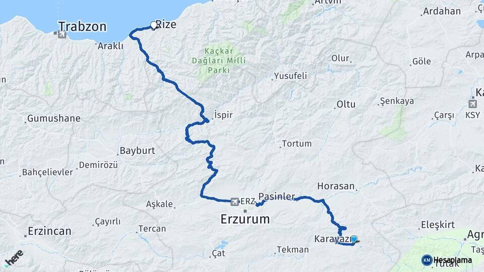 Erzurum Karayazı Rize Arası Kaç Km - Yol Haritası