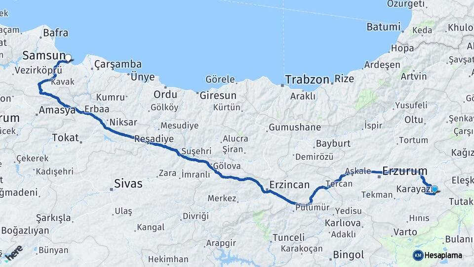 Erzurum Karayazı Samsun Arası Kaç Km - Yol Haritası