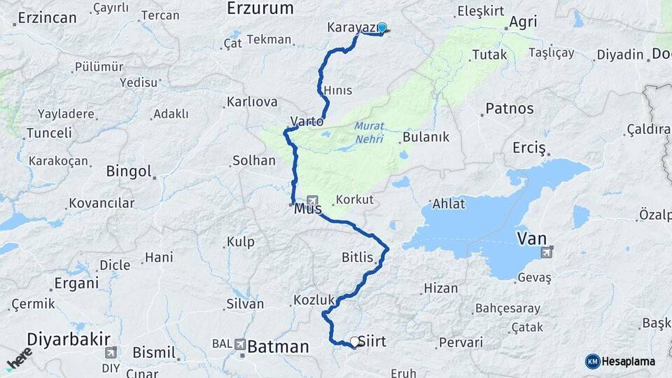 Erzurum Karayazı Siirt Arası Kaç Km - Yol Haritası