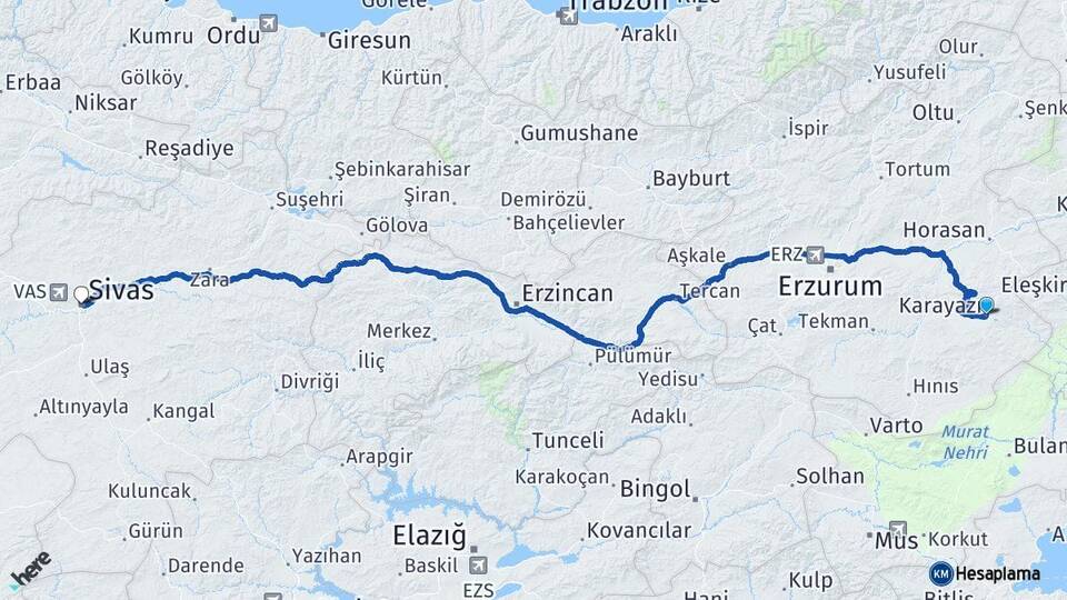 Erzurum Karayazı Sivas Arası Kaç Km - Yol Haritası