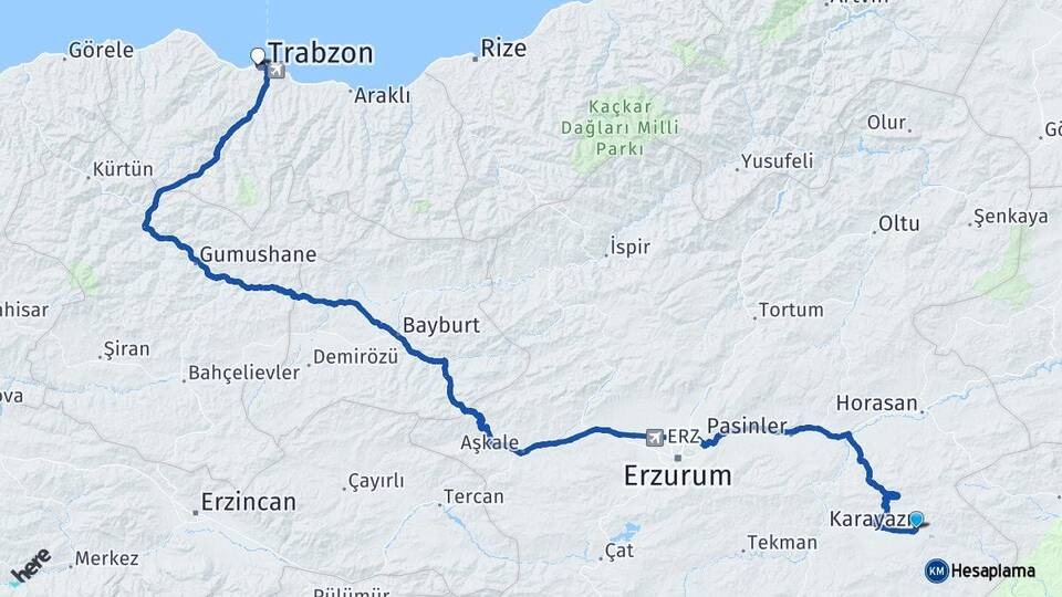 Erzurum Karayazı Trabzon Arası Kaç Km - Yol Haritası
