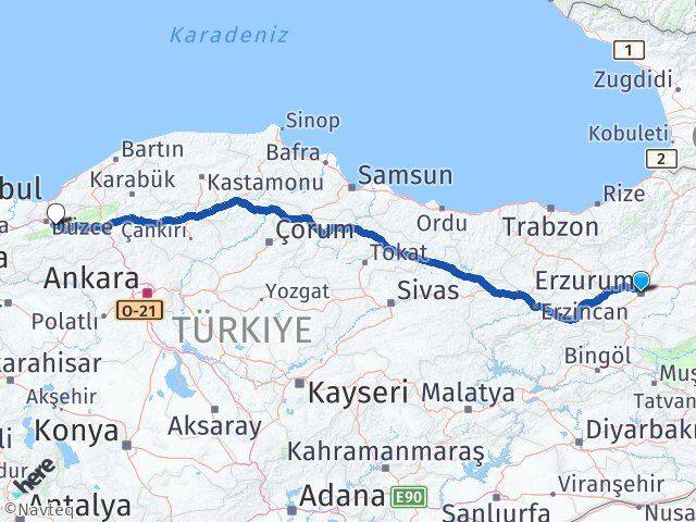 Erzurum Kaynaşlı Düzce Arası Kaç Km - Yol Haritası