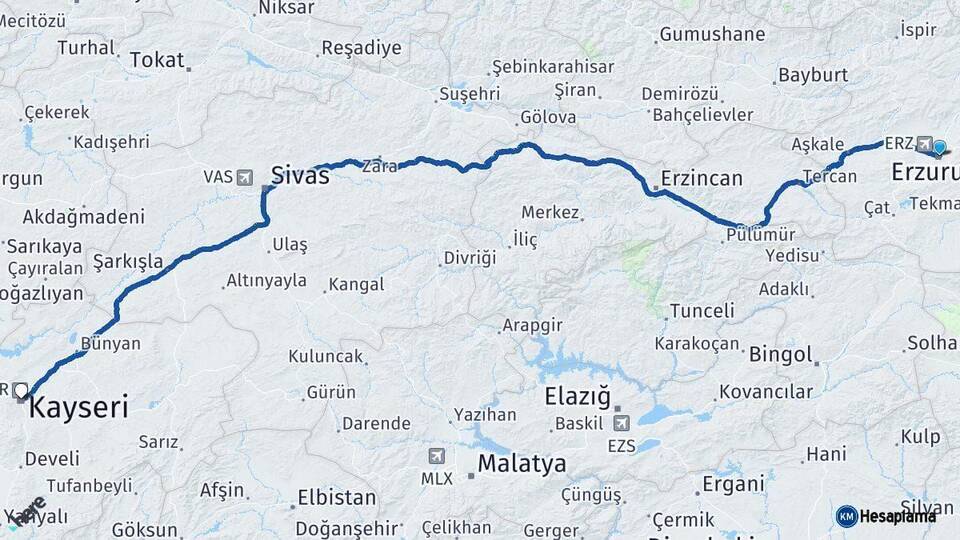 Erzurum Kayseri Arası Kaç Km - Yol Haritası