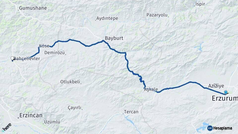 Erzurum Kelkit Gümüşhane Arası Kaç Km - Yol Haritası