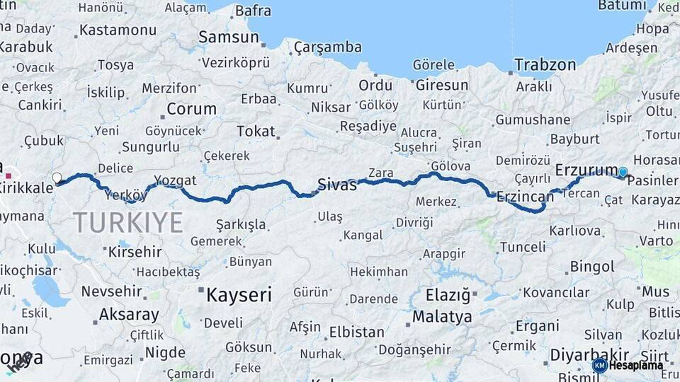 Erzurum Kırıkkale Arası Kaç Km - Yol Haritası