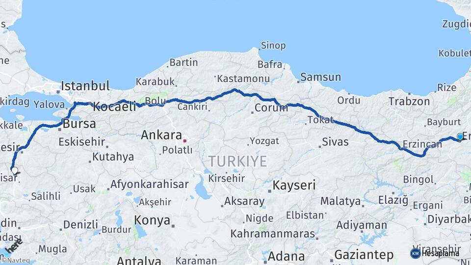 Erzurum Kırkağaç Manisa Arası Kaç Km - Yol Haritası