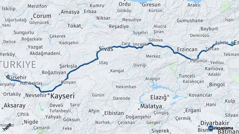 Erzurum Kırşehir Arası Kaç Km - Yol Haritası