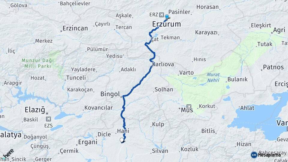 Erzurum Kocaköy Diyarbakır Arası Kaç Km - Yol Haritası