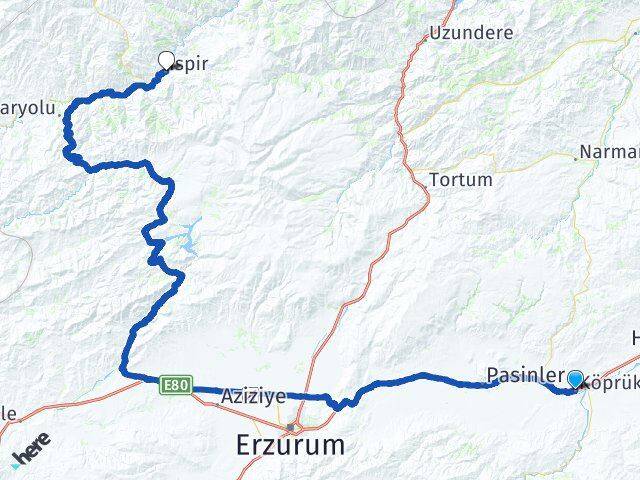 Erzurum Köprüköy İspir Arası Kaç Km - Yol Haritası