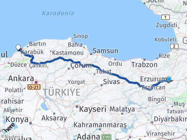 Erzurum Kozlu Zonguldak Arası Kaç Km - Yol Haritası