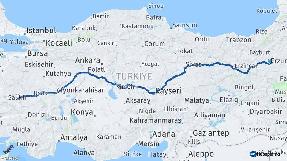 Erzurum Kula Manisa Arası Kaç Km - Yol Haritası
