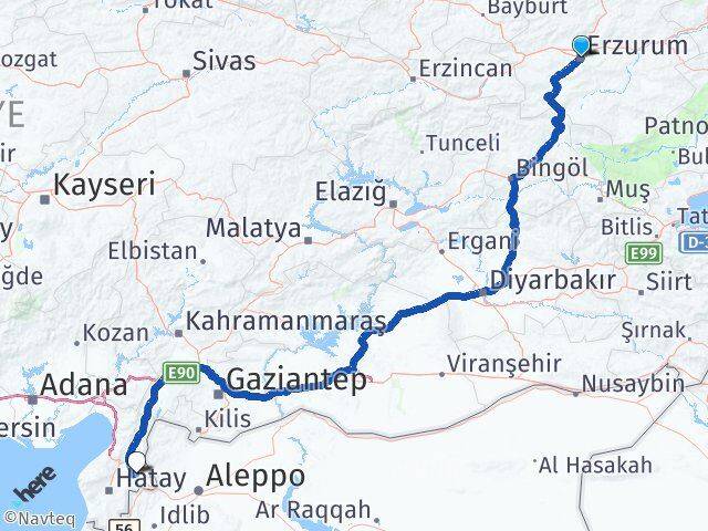 Erzurum Kumlu Hatay Arası Kaç Km - Yol Haritası