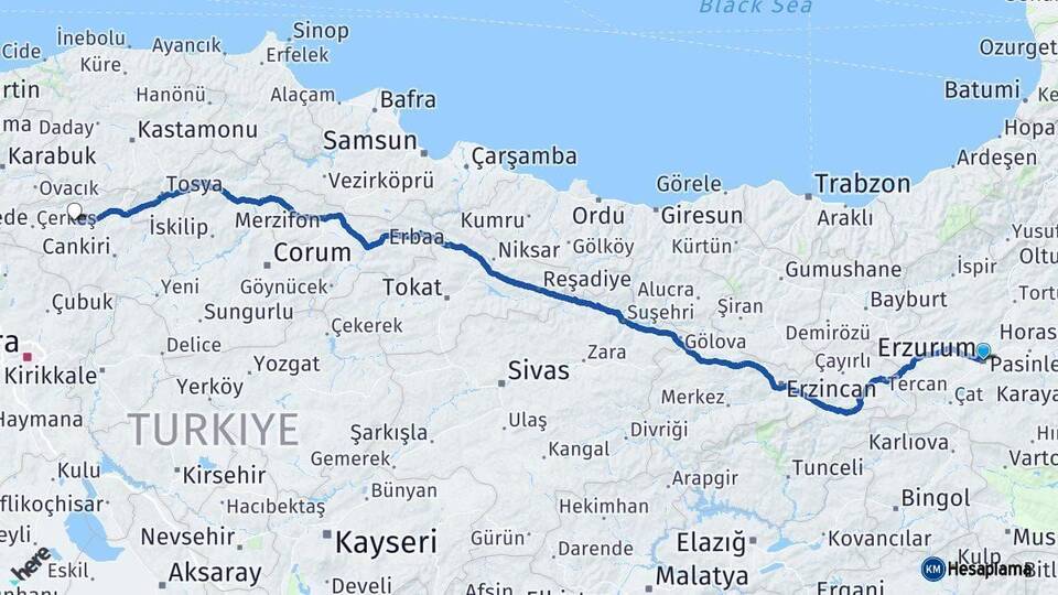 Erzurum Kurşunlu Çankırı Arası Kaç Km - Yol Haritası