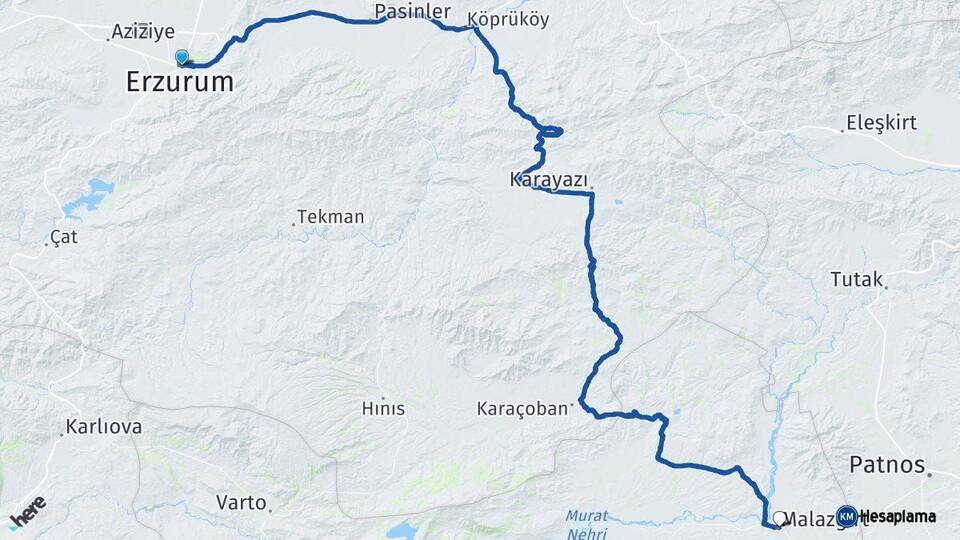 Erzurum Malazgirt Muş Arası Kaç Km - Yol Haritası