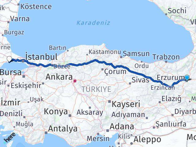 Erzurum Marmaraereğlisi Tekirdağ Arası Kaç Km - Yol Haritası