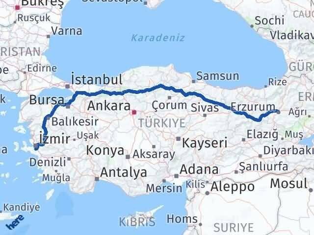 Erzurum Menderes İzmir Arası Kaç Km - Yol Haritası
