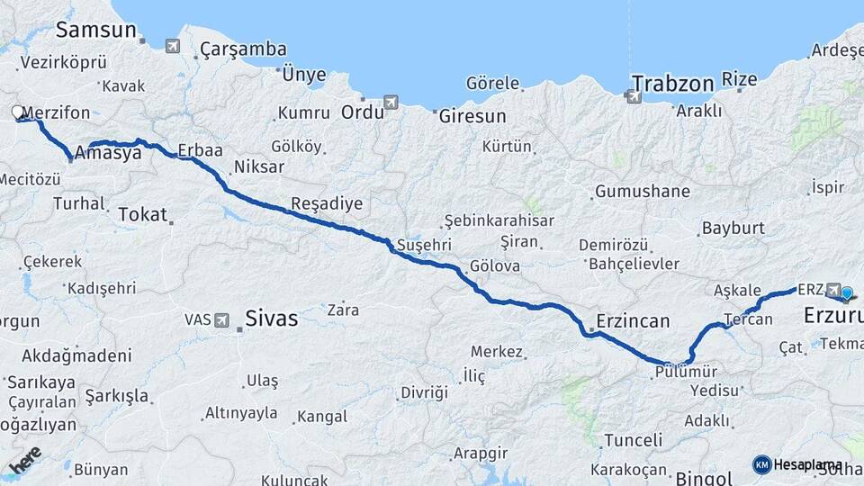 Erzurum Merzifon Amasya Arası Kaç Km - Yol Haritası