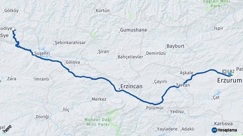 Erzurum Mesudiye Ordu Arası Kaç Km - Yol Haritası
