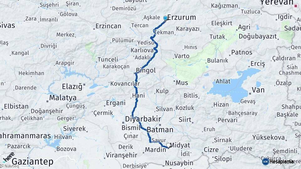 Erzurum Midyat Mardin Arası Kaç Km - Yol Haritası
