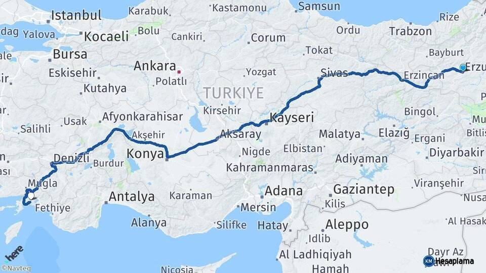 Erzurum Muğla Arası Kaç Km - Yol Haritası