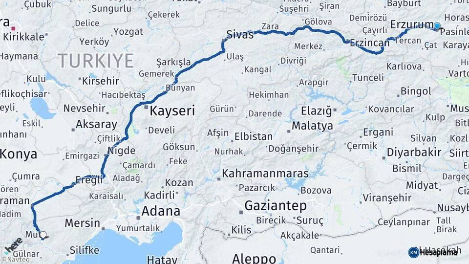 Erzurum Mut Mersin Arası Kaç Km - Yol Haritası