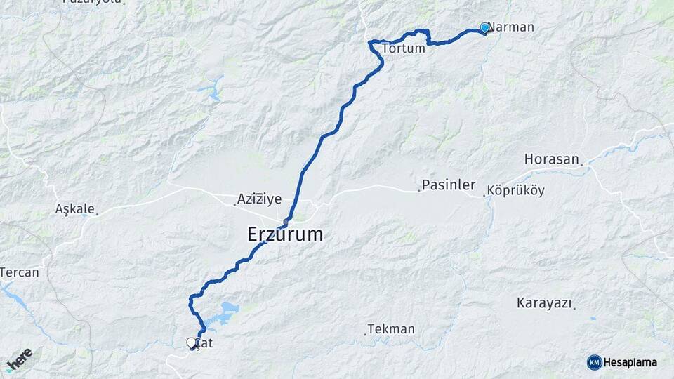 Erzurum Narman Çat Arası Kaç Km - Yol Haritası