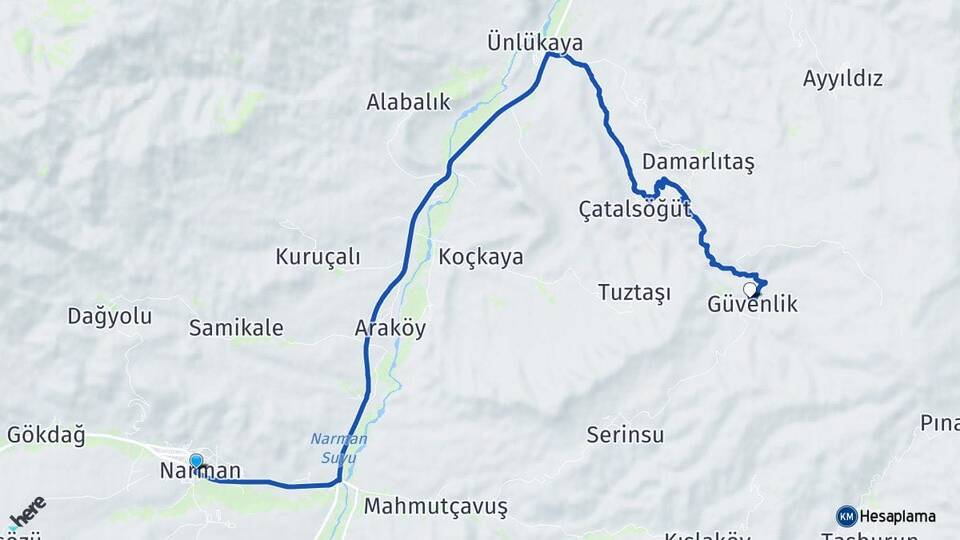 Erzurum Narman Güvenlik Narman Arası Kaç Km - Yol Haritası