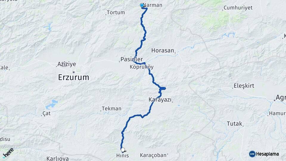 Erzurum Narman Hınıs Arası Kaç Km - Yol Haritası