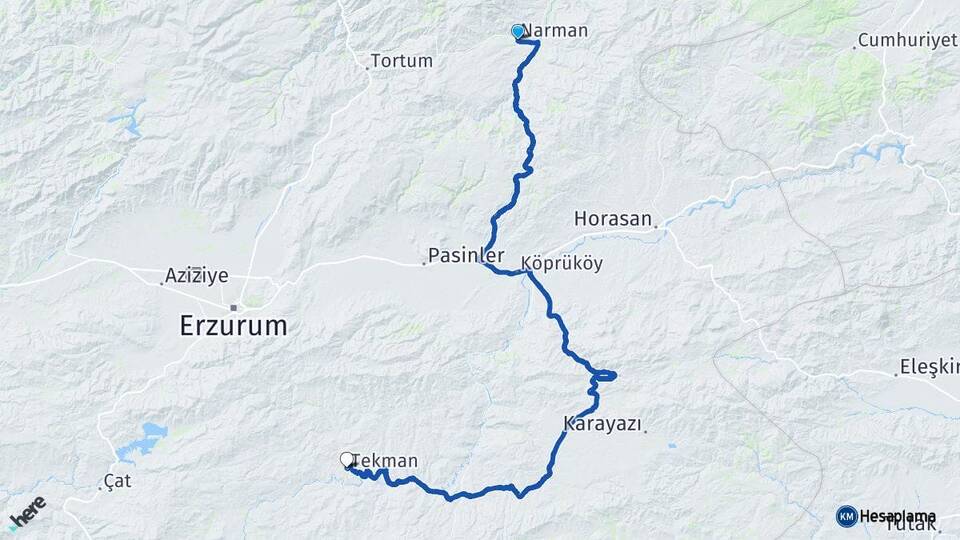 Erzurum Narman Tekman Arası Kaç Km - Yol Haritası