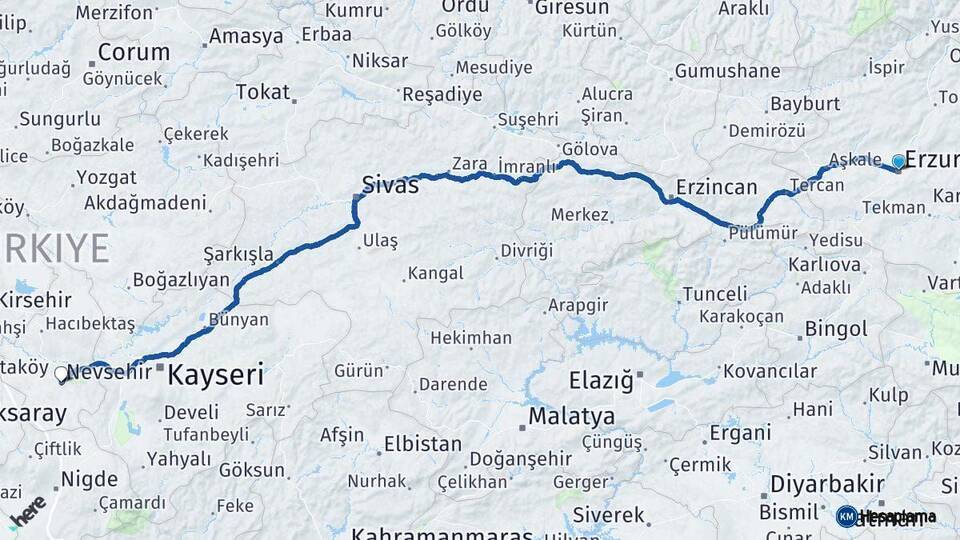 Erzurum Nevşehir Arası Kaç Km - Yol Haritası