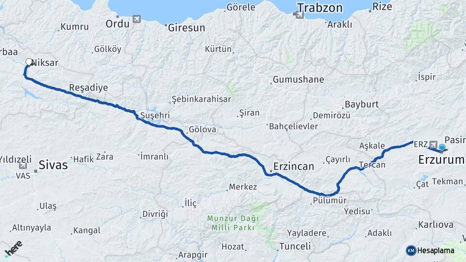 Erzurum Niksar Tokat Arası Kaç Km - Yol Haritası