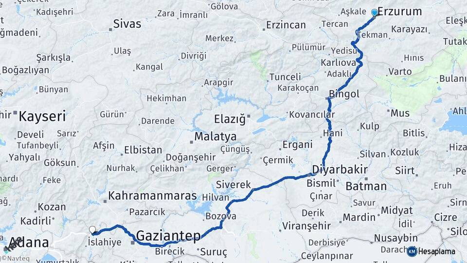 Erzurum Nurdağı Gaziantep Arası Kaç Km - Yol Haritası