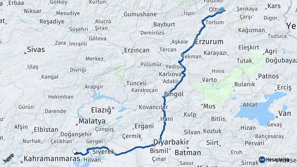 Erzurum Oltu Adıyaman Arası Kaç Km - Yol Haritası