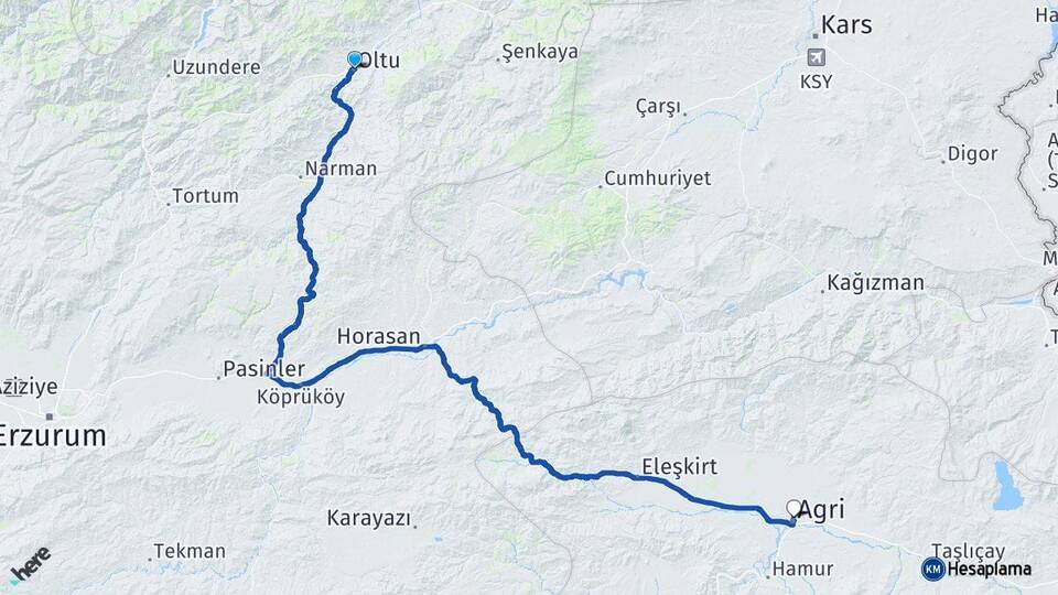 Erzurum Oltu Ağrı Arası Kaç Km - Yol Haritası