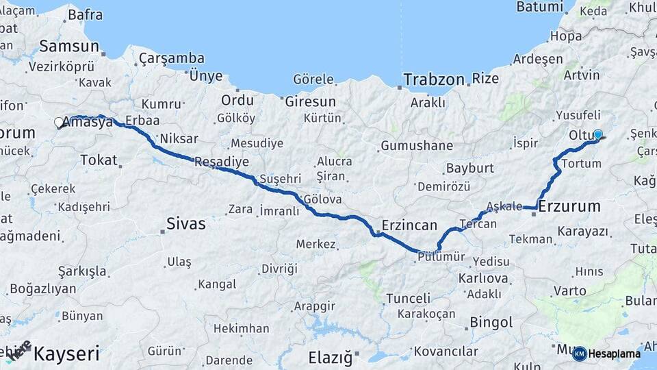 Erzurum Oltu Amasya Arası Kaç Km - Yol Haritası