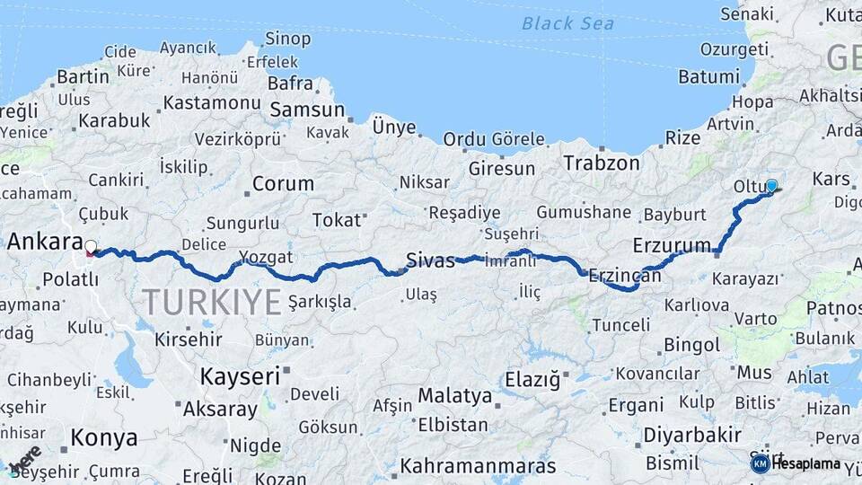 Erzurum Oltu Ankara Arası Kaç Km - Yol Haritası