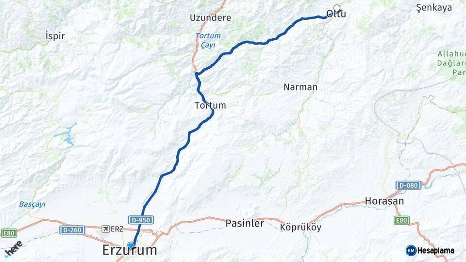 Erzurum Oltu Arası Kaç Km - Yol Haritası