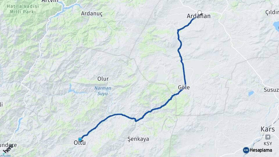 Erzurum Oltu Ardahan Arası Kaç Km - Yol Haritası