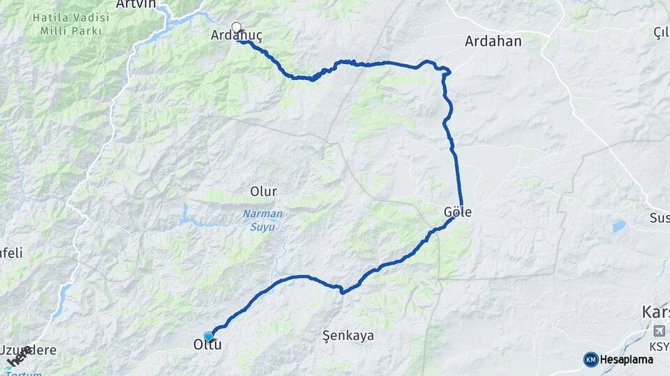 Erzurum Oltu Ardanuç Artvin Arası Kaç Km - Yol Haritası
